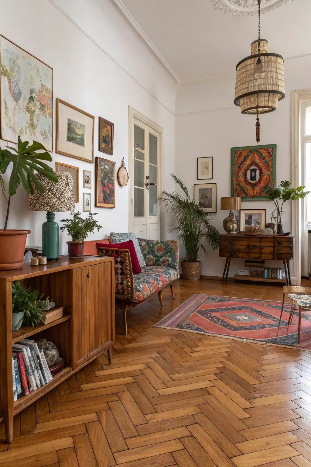 Artistic interior featuring unique parquet wood flooring.