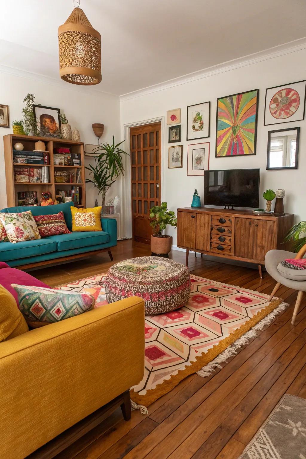 An eclectic living room featuring a full mix of wood colors.