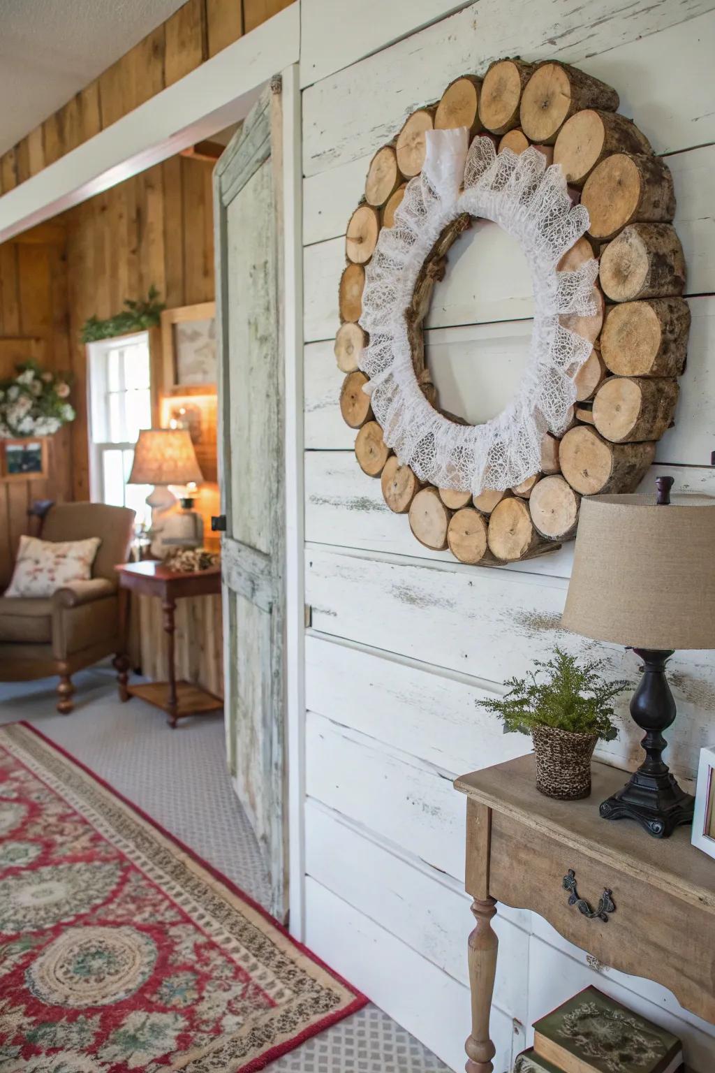 Vintage textile and wood circle combo for romantic elegance.