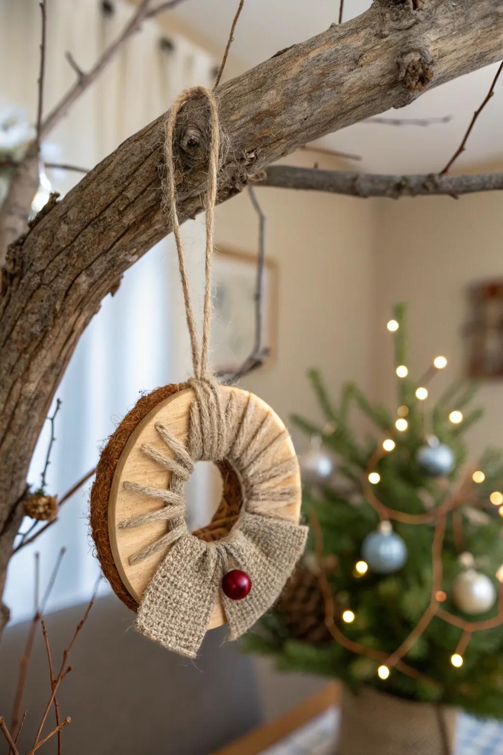 Textured cloth highlights add warmth to wooden disc decorations.