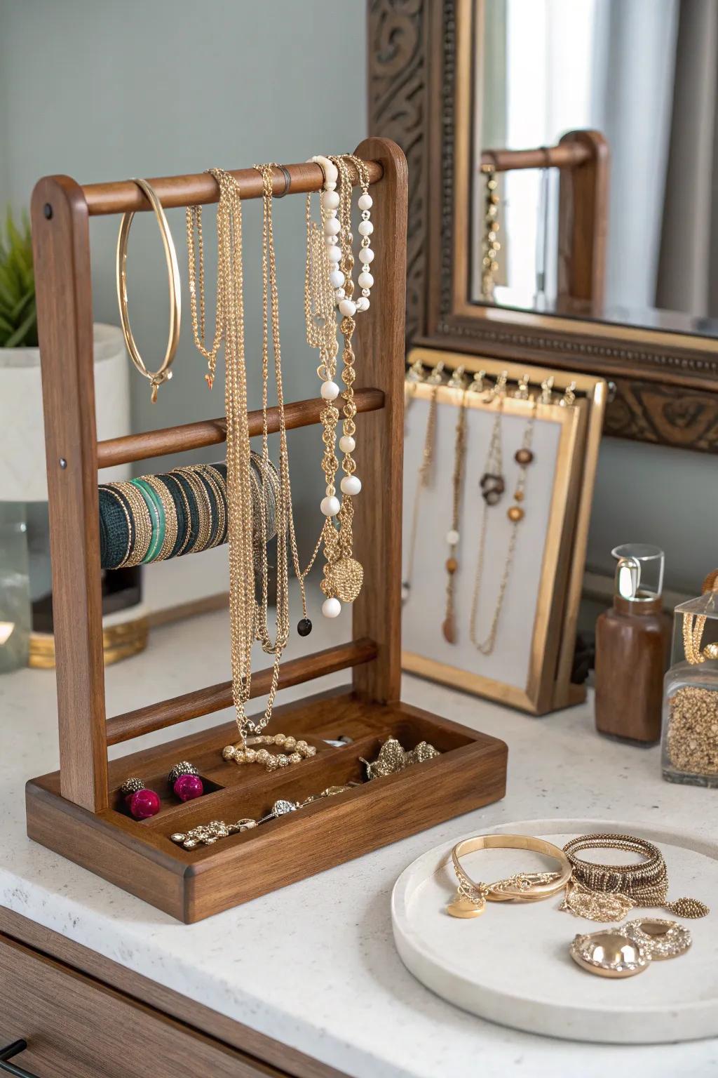 Timber jewelry organizers stylishly highlight your collection.