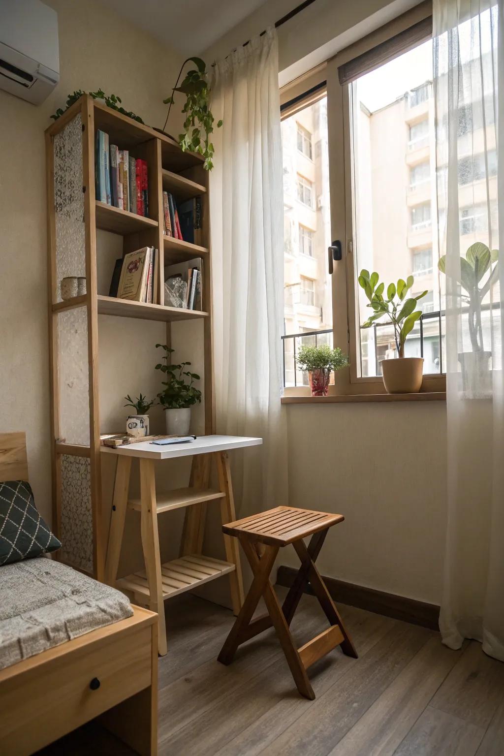A space-saving hardwood stool is ideal for small living spaces.
