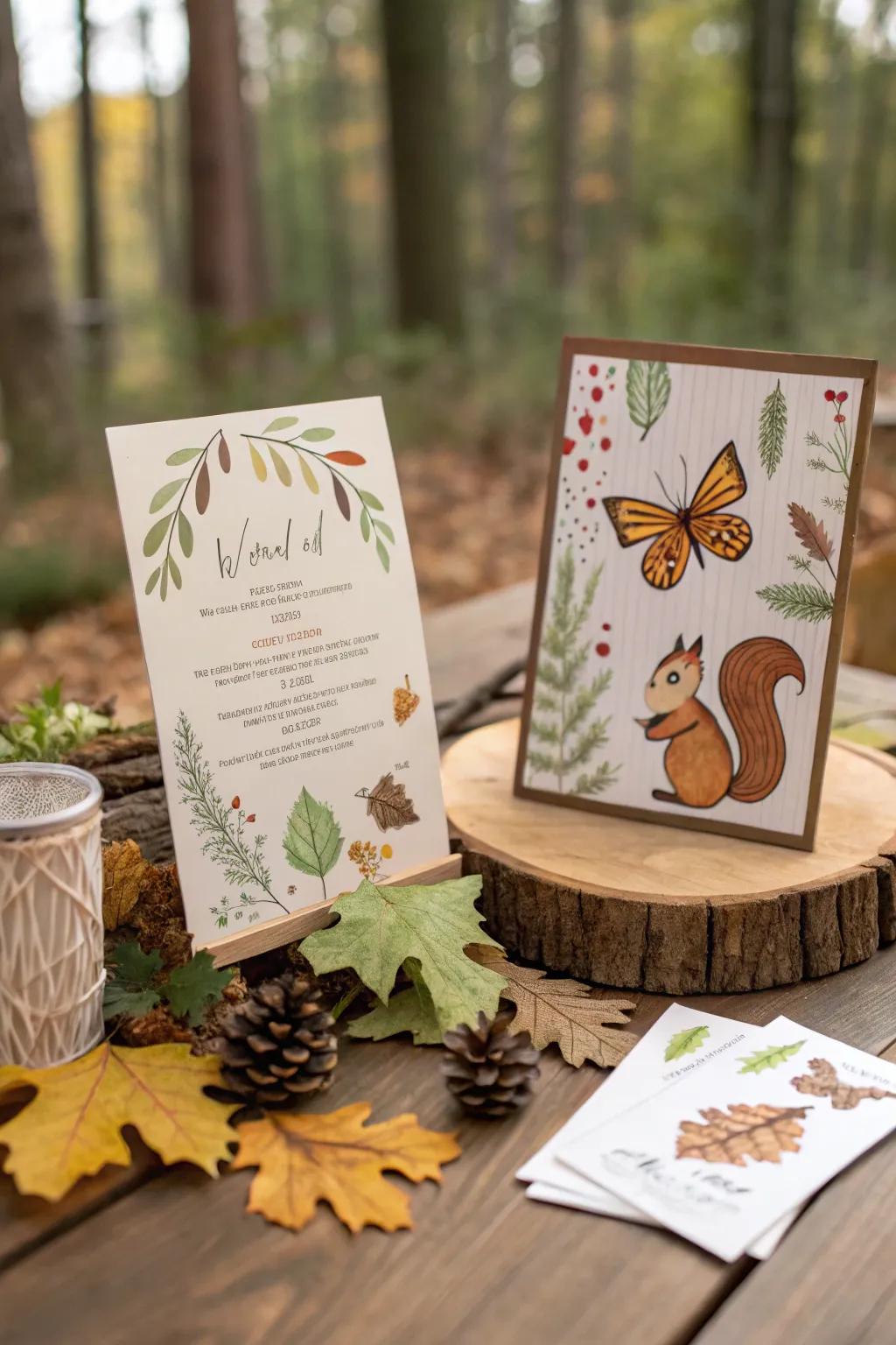 Woodland-themed invitations set the tone for a magical event.