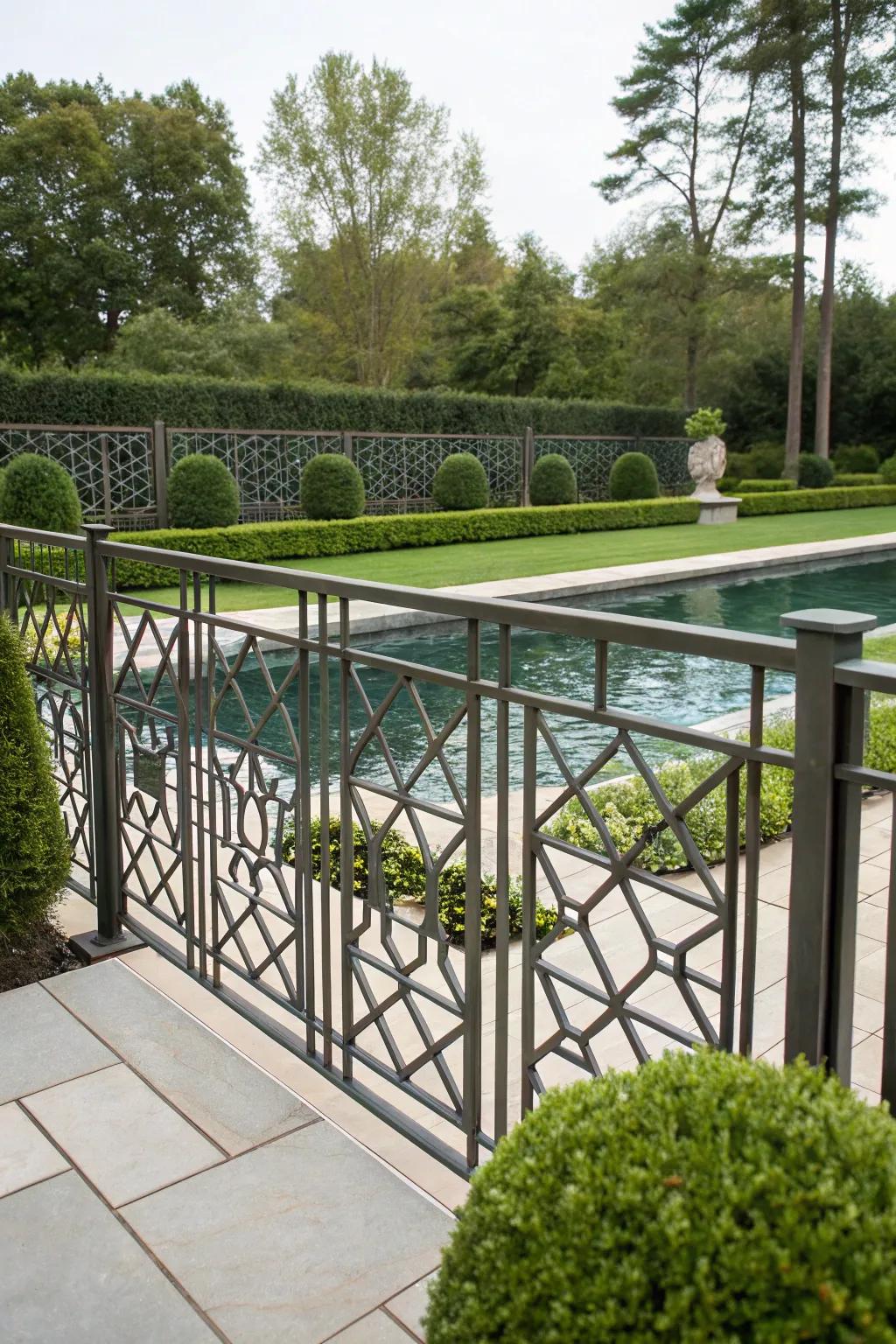 Geometric patterns on a wrought iron fence offer a modern twist.