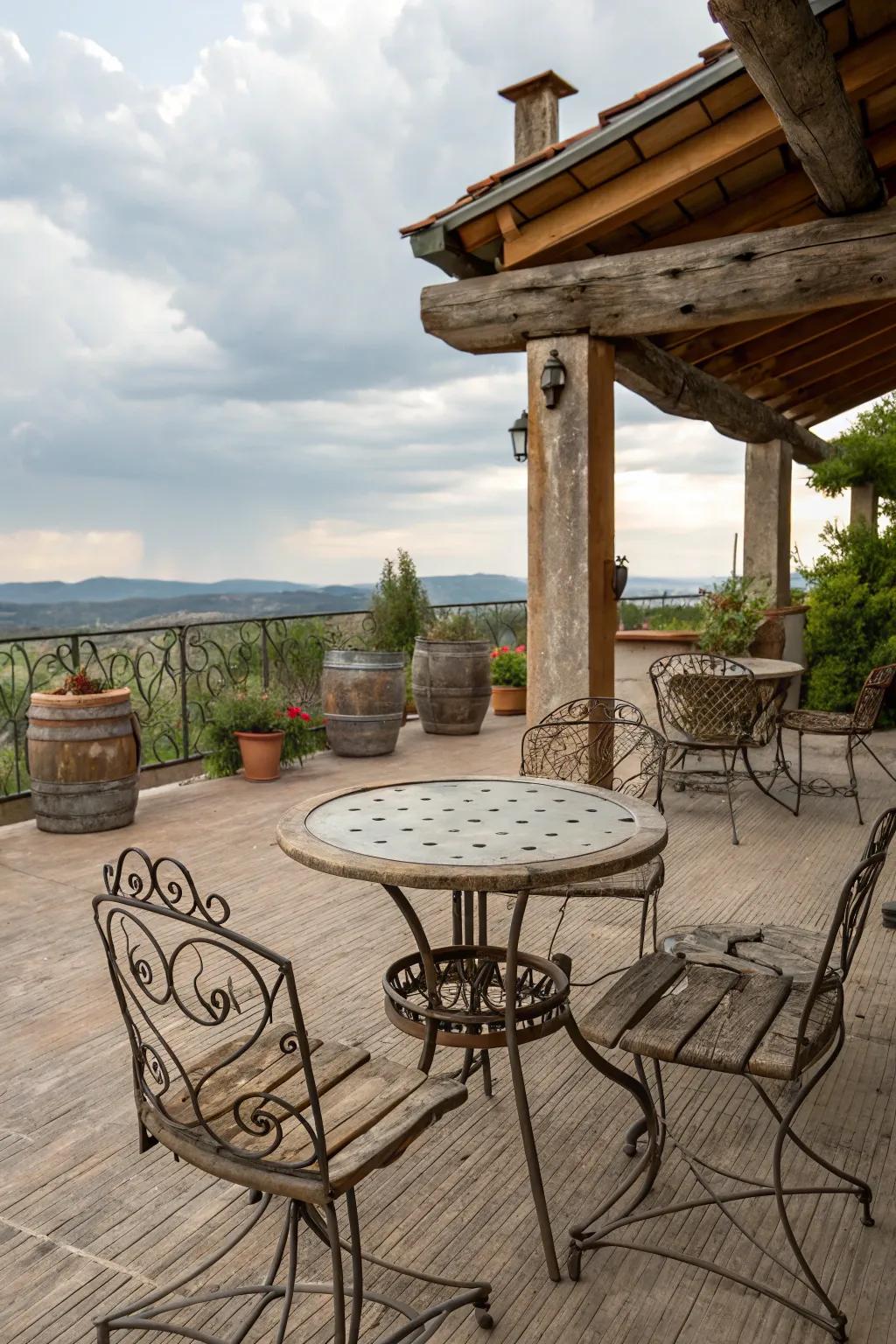 Craft a tranquil escape with rustic wrought iron and wood features.