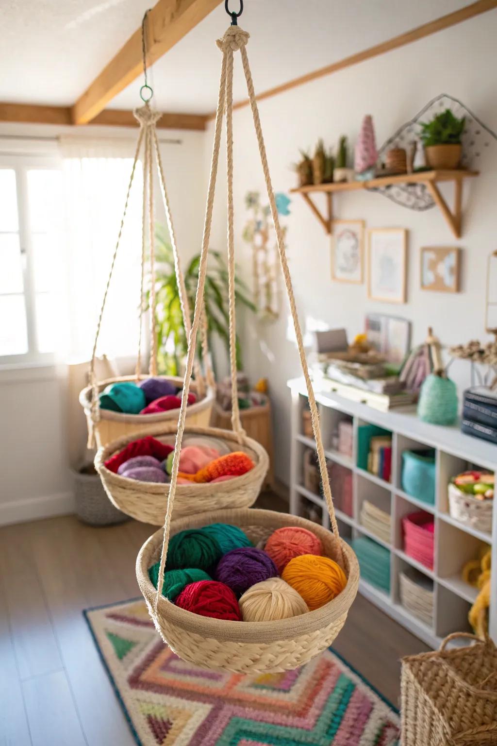 Suspended containers utilize vertical space for accessible yarn storage.