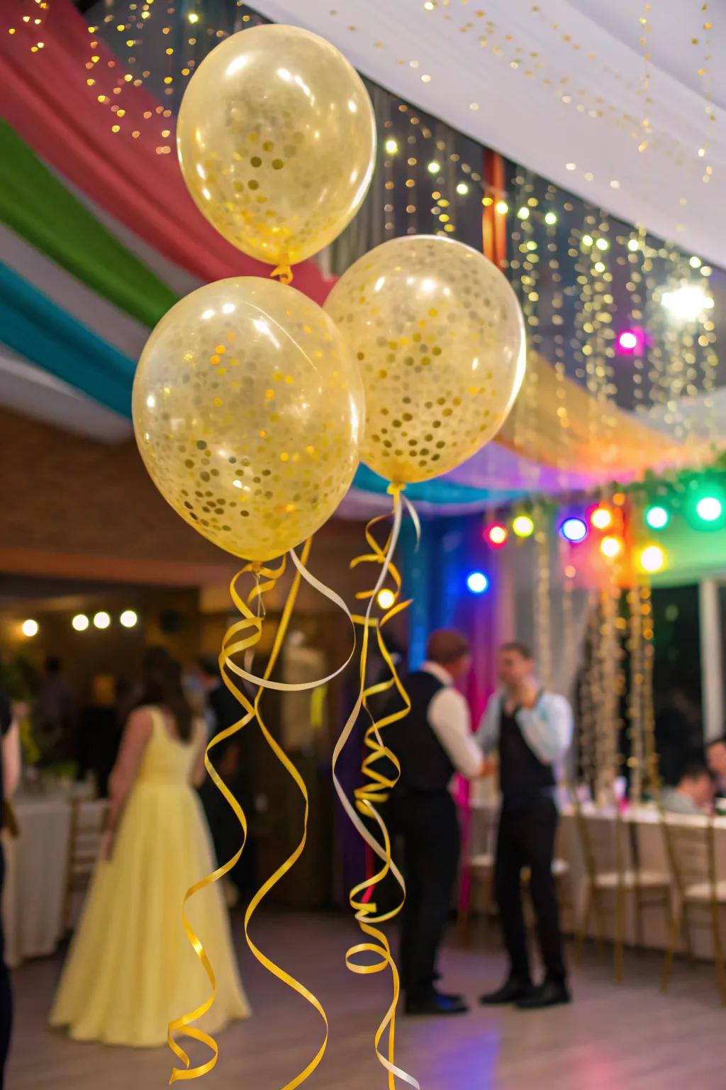 Confetti-filled see-through golden spheres for playful decor.