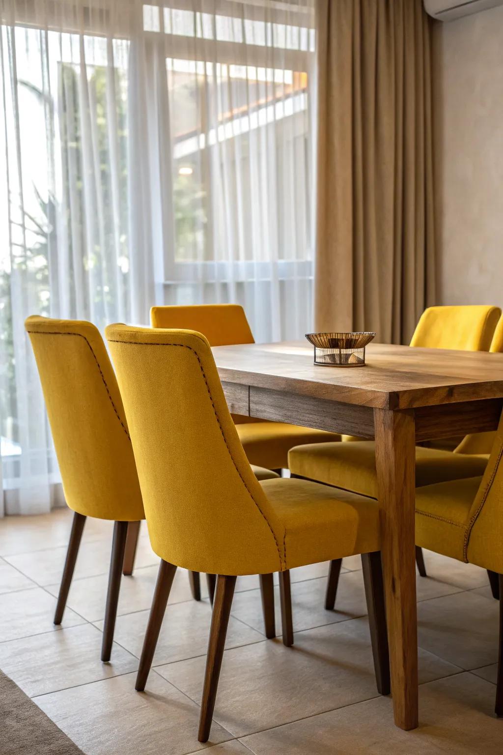 A bold dining area with yellow seating.