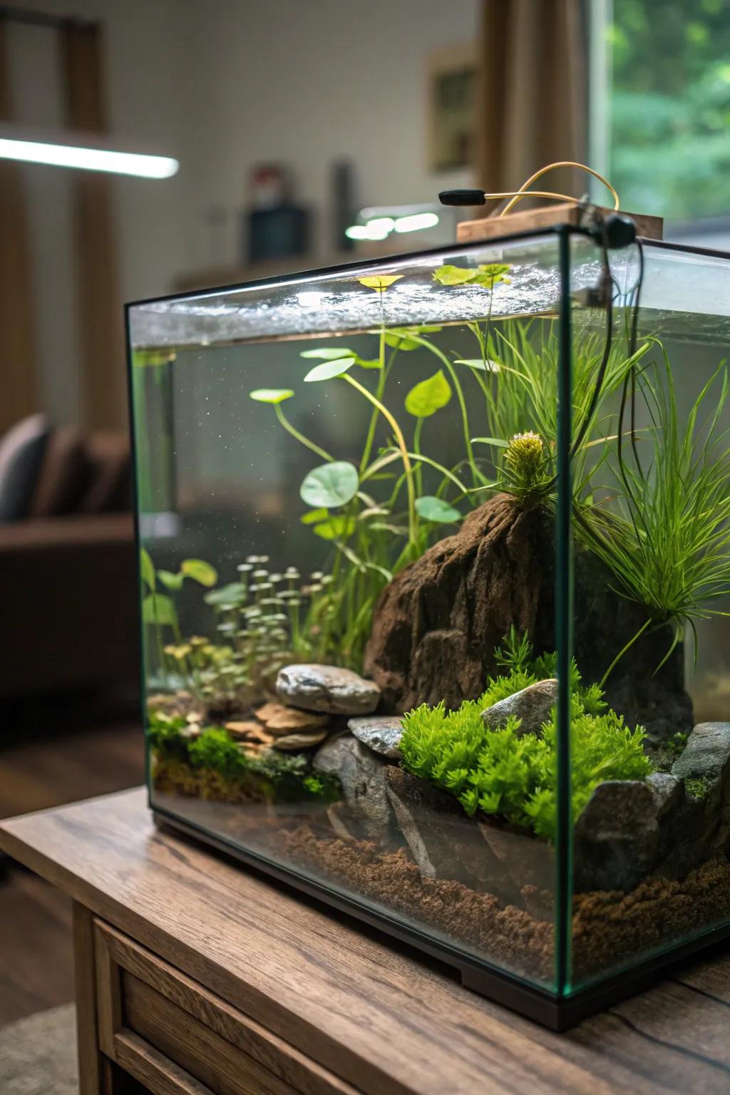 The floating plants add a peaceful feel to the top of the water.