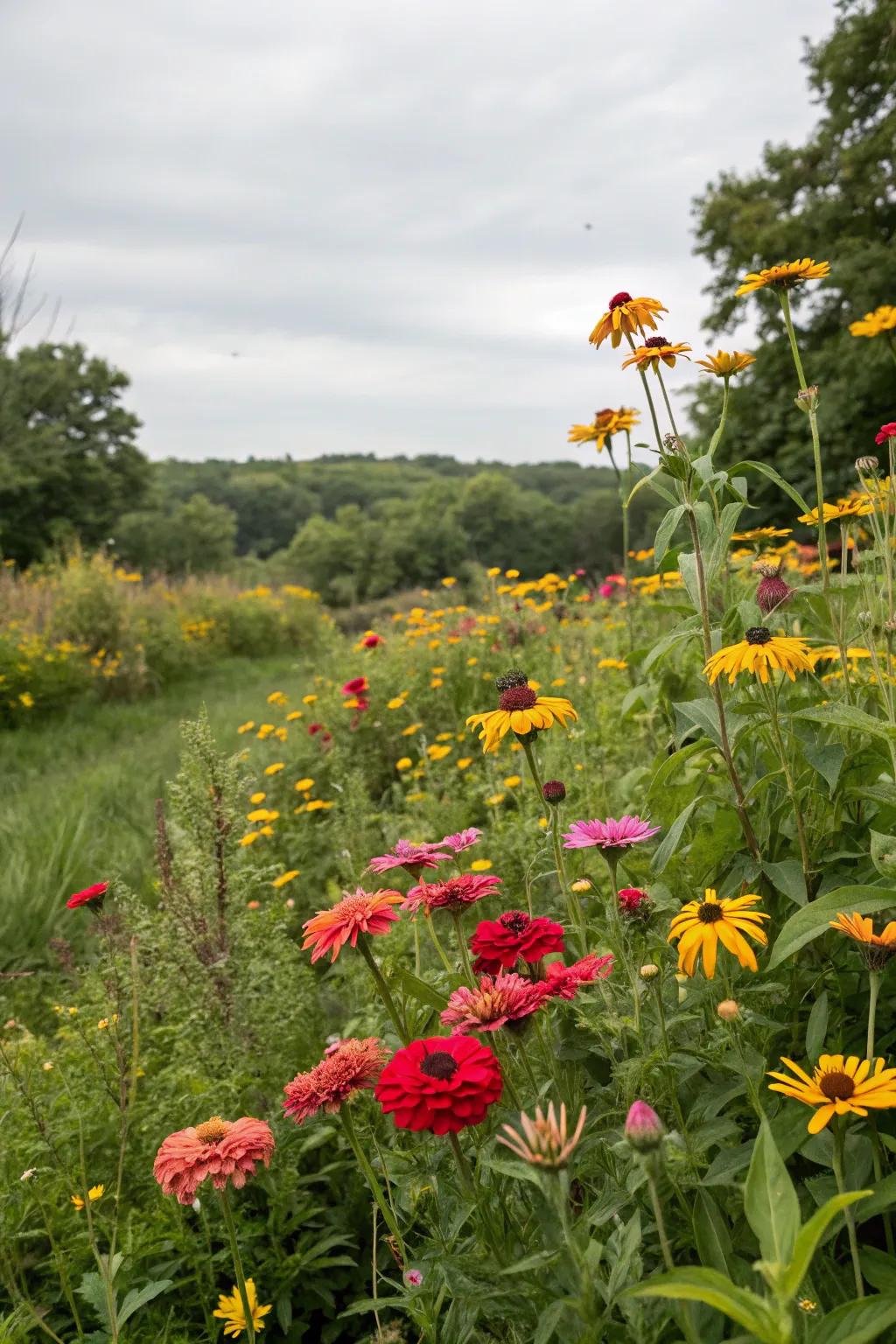A whimsical untamed bloom garden with zinnias and companion flowers.