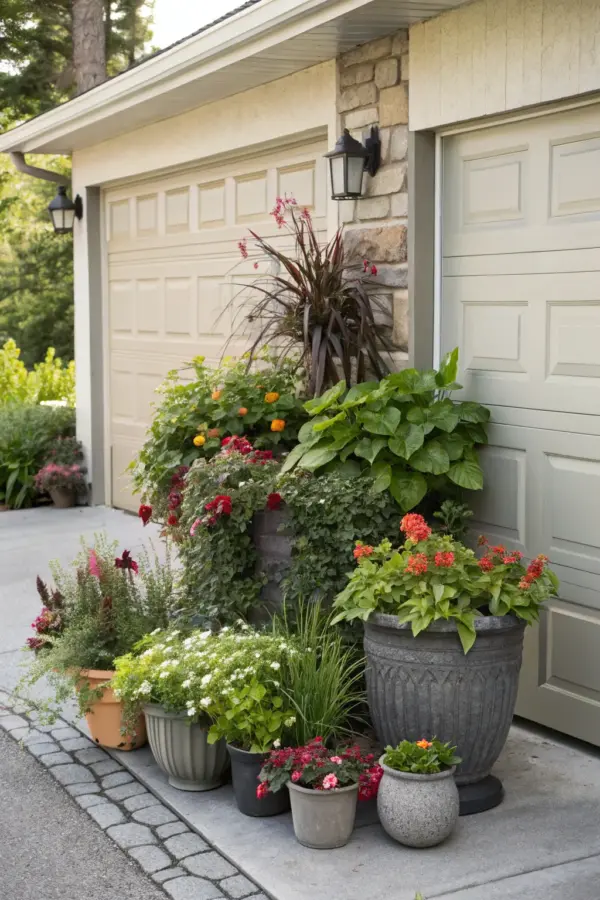 Charming Potted Plant Displays for Garage Fronts